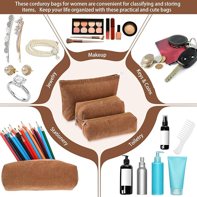 3 Pcs Makeup Bag Set for Women Corduroy Cosmetic Pouch Aesthetic Smile Travel Toiletry Bag Cute Purse Pouch Pencil Case Makeup Brushes Storage Organizer with Zipper(Brown,Solid Style)
