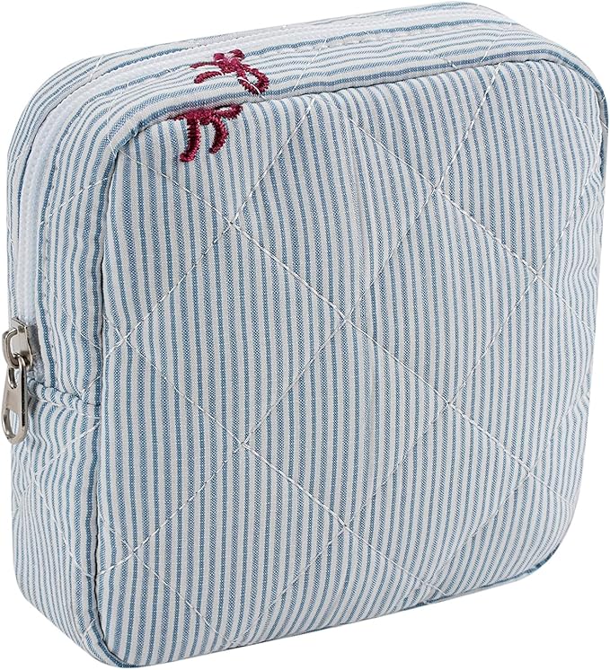 Small Quilted Striped Cosmetic Pouch for Purse, Mini Cotton Makeup Bag with Compartments, Cute Zipper Lipstick Holder for Women (27 Thin Stripes)