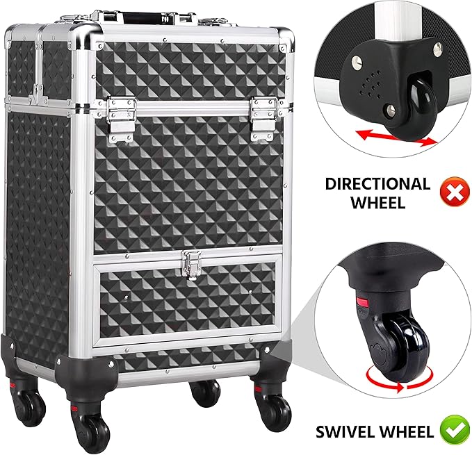 Yaheetech Rolling Makeup Train Case Aluminum Cosmetic Case with Wheels Barber Case Salon Lockable Travel Trolley with Sliding Drawers Removable Divider, Black/Silver