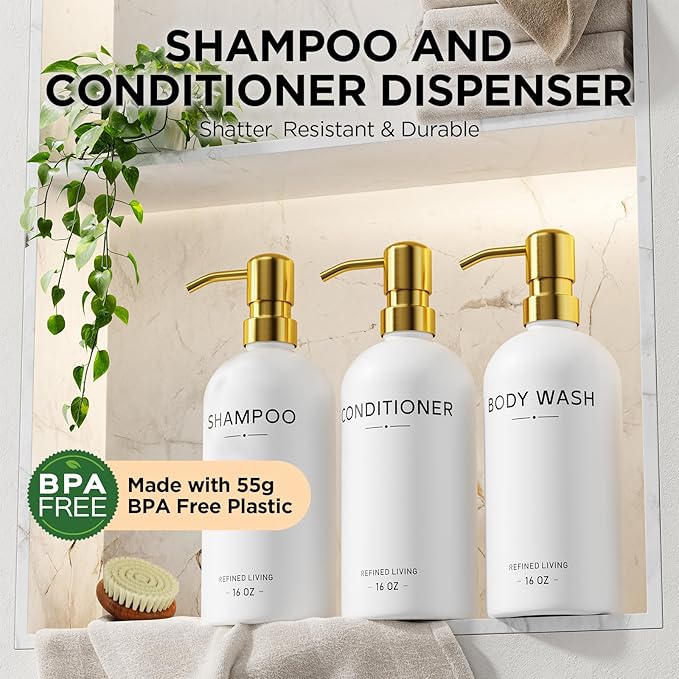 Shampoo and Conditioner Dispenser Set,3 Refillable 16oz Bottles with Stainless Steel Pumps – Shower Soap Dispensers for Bathroom, Hotel or Airbnb (Gold, 3-Pack)