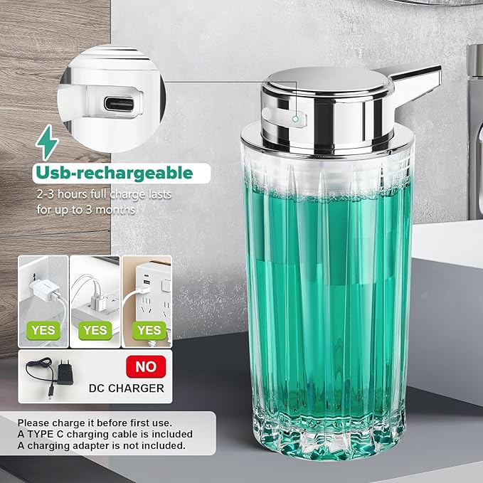 Automatic Soap Dispenser Liquid for Kitchen: 11 OZ Glass Touchless Clear Auto Soap Dispenser for Bathroom - Hand Dish Lotion Home Countertop Kids - Family Couple