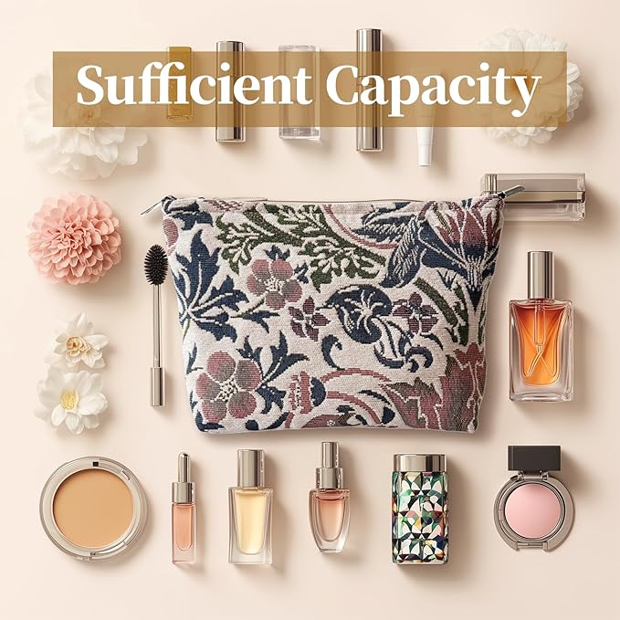 Floral Makeup Bag for Women, Make Up Bag for Purse, Thick Chenille Flower Cosmetic Bag, Makeup Pouch with Zipper Lining, Pouch Bag for Travel Daily Use Storage Gift, Makeup Zipper Pouch