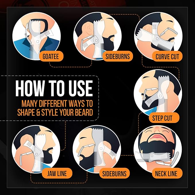 Beard Shaper Kit - Complete Shaping & Styling Tool - Transparent Adjustable Shaper, Razors, Barber Pencil - Beard Stencil Guide Template Outliner Many Styles for Perfect Line Up