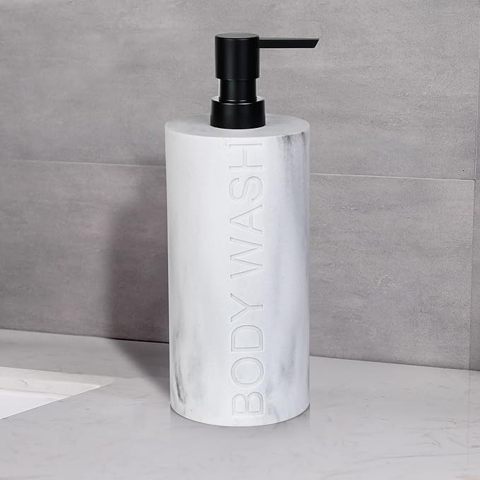 Resin White Marbled Body Wash Engraved Bottle Refillable Pump Dispenser, Durable Waterproof Construction for Bath, Shower - Resin White Marble - Matte Black Pump