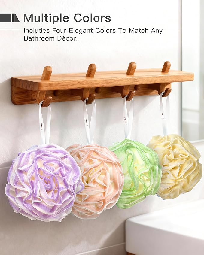 Loofah Sponge 70g, 6.3 Inch Large Exfoliating Bath Sponge, Soft Durable PE Mesh with Reinforced Knotting, Rich Lather Bath Scrubber for Body, for Travel or as a Holiday Gift (4Pack, Green-Beige)