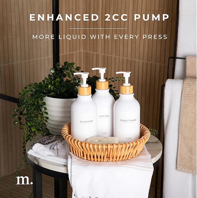 MaisoNovo Refillable Shampoo and Conditioner Bottles - 16.9 fl oz Set of 3 White Plastic Bottles White Bamboo Pumps