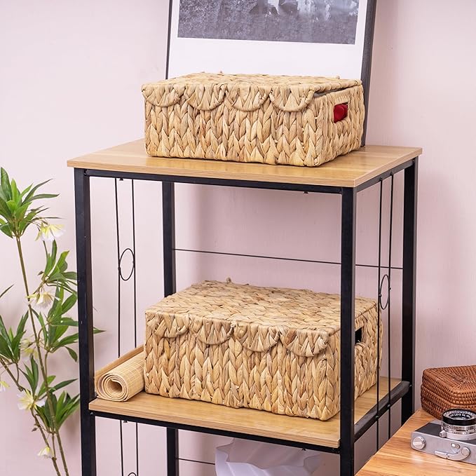 Set of 2 Scalloped Edge Wicker Basket with Lids, Rectangle Wicker Storage Basket with Built-in Handles, Multipurpose Organizer Rattan Display Boxes for Shelf, Nursery Room