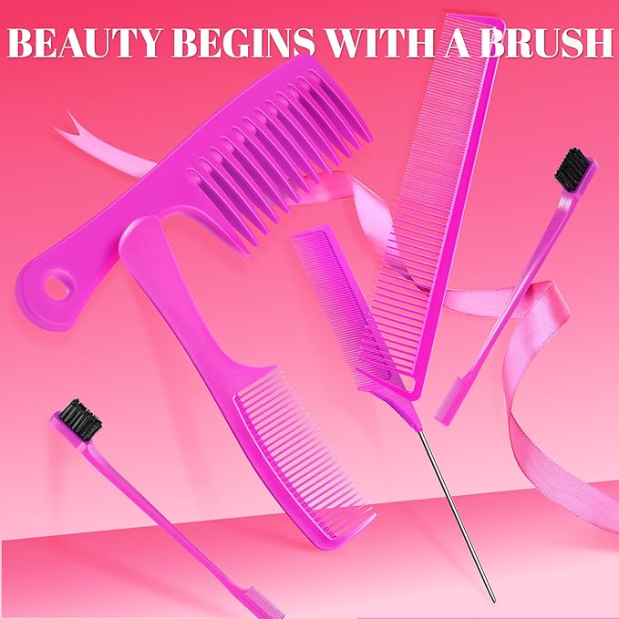 SALONSILK 6PCS Professional Comb Set, Edge Brush Wide Tooth Rat Tail Fine Tooth Hair Combs for Women&Men, Braiding Cutting Barber Styling Curly Parting Set for Curls, Natural Black Hair