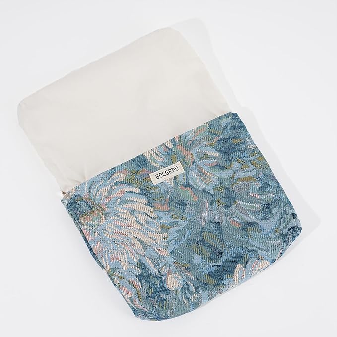 2 PCS Makeup Bag Small Cute Cosmetic Bags for Women，Floral Travel Toiletry Bag for Purse, Large Canvas Cosmetic Pouch Makeup Organizer Tool Pouch with Zipper（Blue Flower）