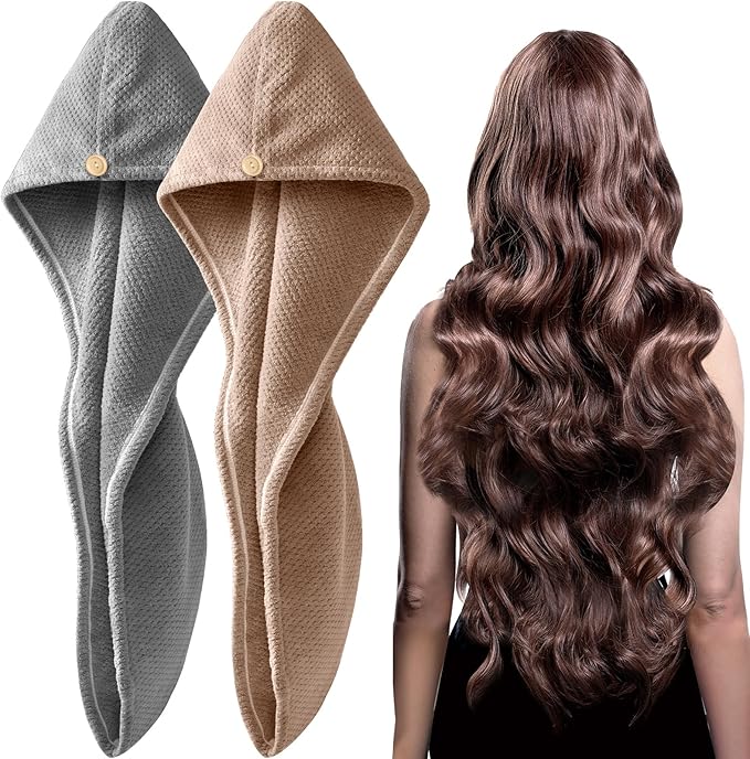 YFONG 2 Pack Microfiber Hair Towel Wrap for Women, Super Absorbent Quick Dry Hair Turban for All Hair Style Anti Frizz, Large Hair Drying Towel with Button