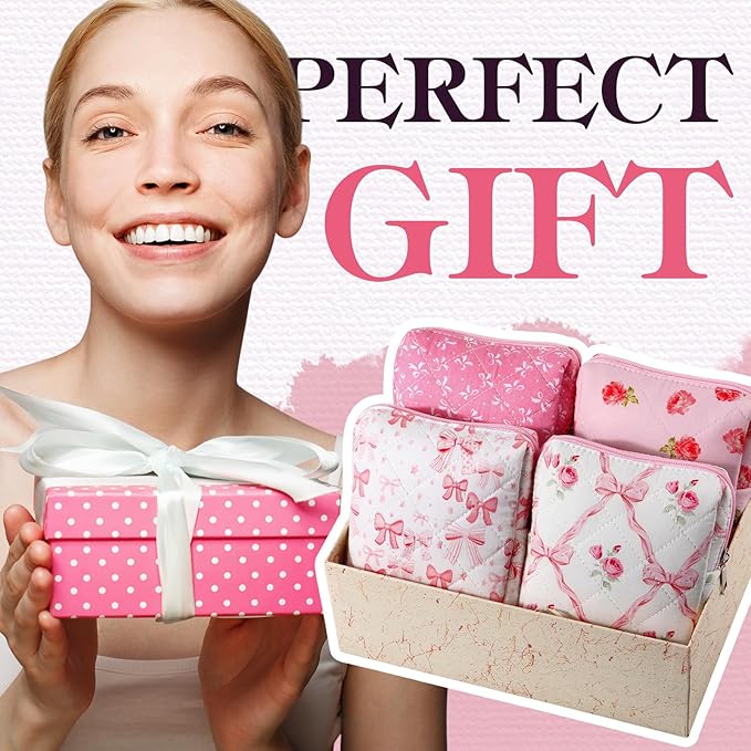 Paterr 4 Pcs Mini Quilted Floral Makeup Bag Women Gifts Small Cosmetic Bag Floral Quilted Makeup Pouch with Zipper Cute Travel Toiletry for Mom Teacher Women Girls Gifts(Pink Bow, Flower)