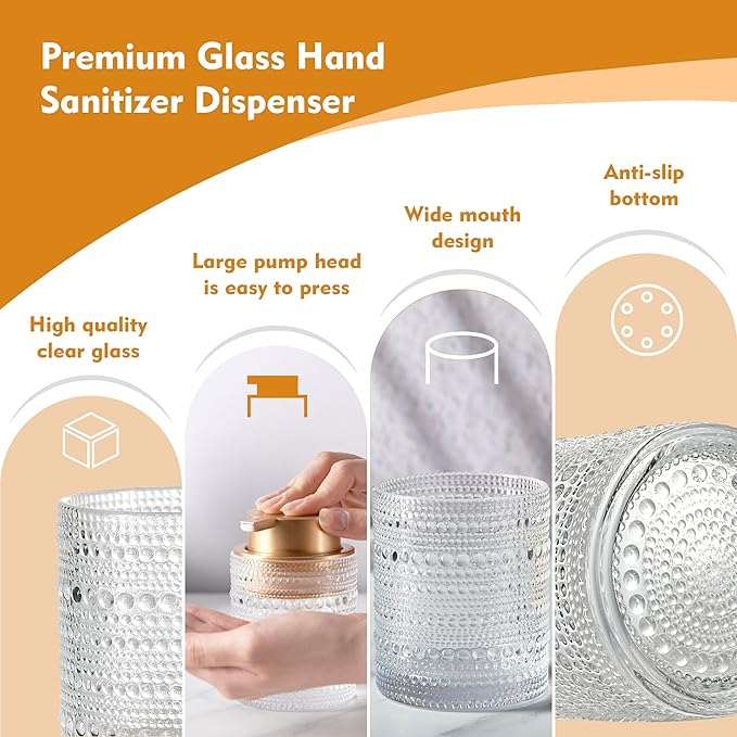 12 Oz Glass Soap Dispenser with Gold Pump, Clear Refillable Liquid Hand Soap Bottles for Bathroom, Cute Decorative Lotion Container for Dish Soap, Hand Soap