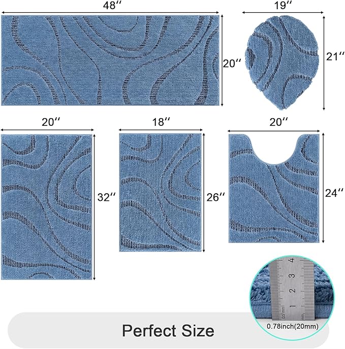 HEBE Bathroom Rugs Sets 5 Piece, Soft Absorbent Microfiber Bath Mat for Bathroom, Non Slip Washable Bath Rug Set with Toilet Cover, Bath Runner and U-Shaped Contour Toilet Rug, Dark Blue