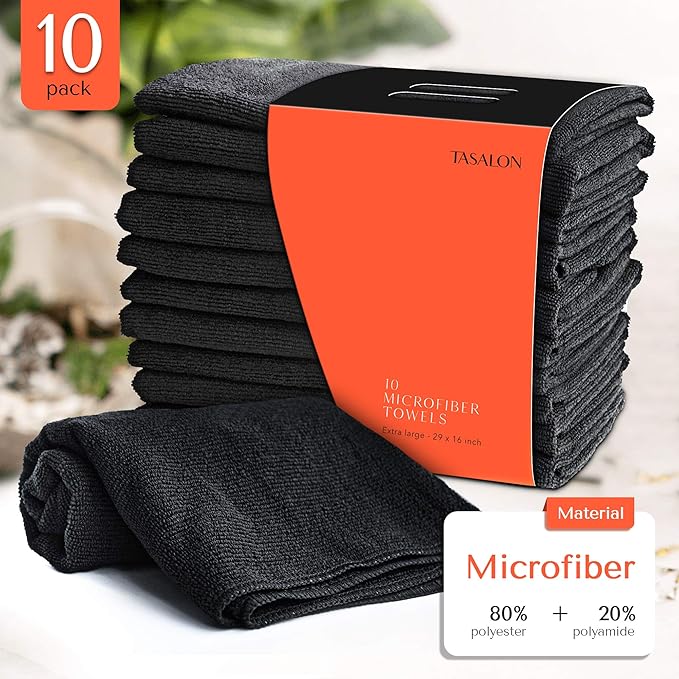 TASALON Microfiber Hair Towel for Salon - 10 Pack - 29 x 16 Inches, Quick Dry and Ultra-Soft Facial Towels with Soft Absorbant - Black