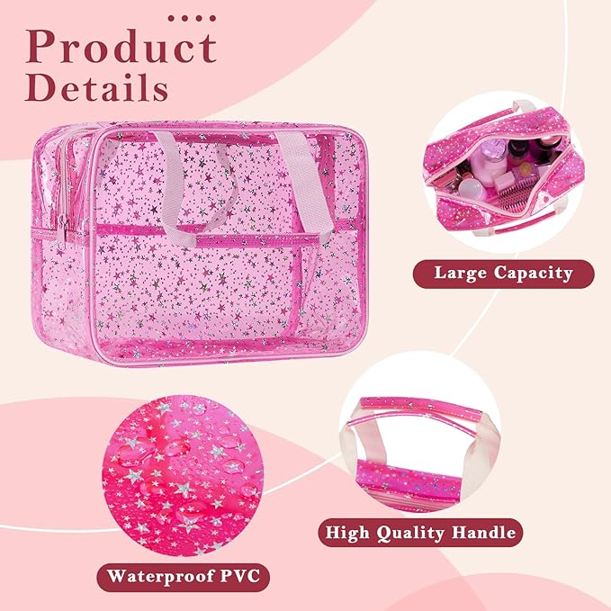 Clear Makeup Bags, Clear Travel Toiletry Bag with Extra Small Glitter Cosmetic Bag, Waterproof Essential Organizer Pouch for Sports Travel Beach (Stars-Black)