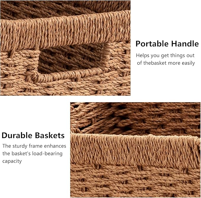 UBBCARE 4 Pack Wicker Basket, 13.4L×8.3H×7.1W inch Woven Paper Rope Storage Baskets for shelves, Foldable Rectangular Storage Baskets with Handle, Storage Basket for Organizing, Caramel