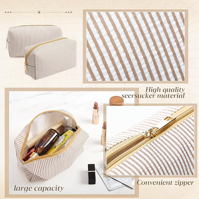 Sanwuta 12 Pcs Seersucker Cosmetic Bags Bulk Seersucker Makeup Bags Stripe Women Pouch Large Preppy Storage Pouch Toiletry Travel Organizer for Wedding Bridesmaid Bride Favor Mom Gift (Khaki)