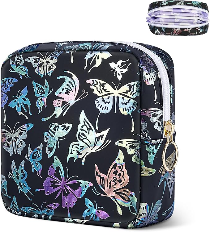 Period Bag Pouch, Leather Sanitary Napkin Storage Bag for Girls Womens, Portable Sanitary Napkin Period Pad Pouch Bag for Purse (Black-Dancing Butterfly)