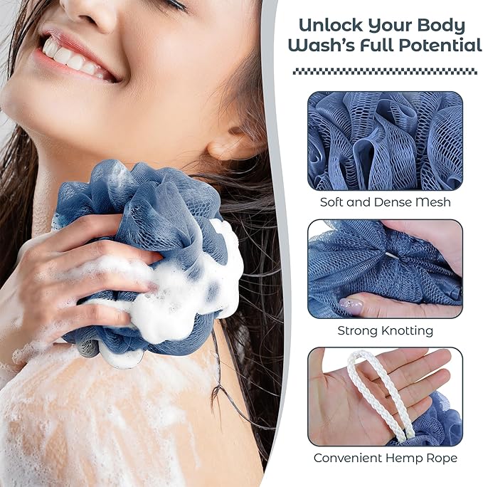 Shower Loofah Bath Sponge, 60G Loofah Exfoliating Body Scrubber, 4 Color Mesh Shower Pouf Balls for Body Wash (Blue Gray Green Dark Green)