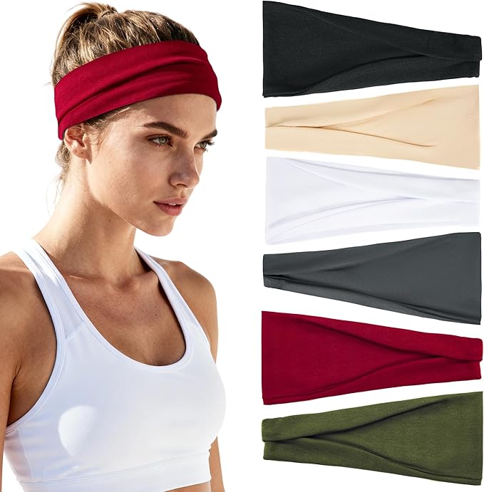Headbands for Women Non-Slip Workout Hair Bands, 6 Pack Stretchy Athletic Soft Sweatbands, Elastic Cloth Fabric Headband, Fashion Head Bands for Yoga Running Sports Gym Sports Exercise
