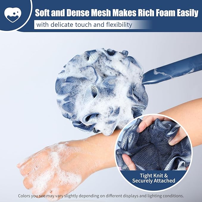 VANZAVANZU Loofah Sponge Set Loofah Exfoliating Body Scrubber, Anti-Slip Plastic 17" Handle Loofah on a Stick with Fluffy Shower Sponge, PE Soft Mesh Shower Loofahs-Blue with White Edge