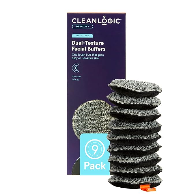 CleanLogic Bath & Body Charcoal Infused Exfoliating Dual-Texture Facial Pads, Face Sponges for Cleansing & Softening Sensitive Skin, MakeUp Remover Pads, 9 Count Value Pack