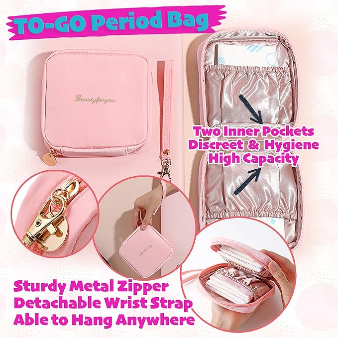 First Period kit for Girls | 22 PC Period Packs for Young Girls First Time | First Period Gift for Teen Girls with Sanitary Pad Storage Bag, Wipes, Bracelet, Eye Mask, Socks and More(Pink)