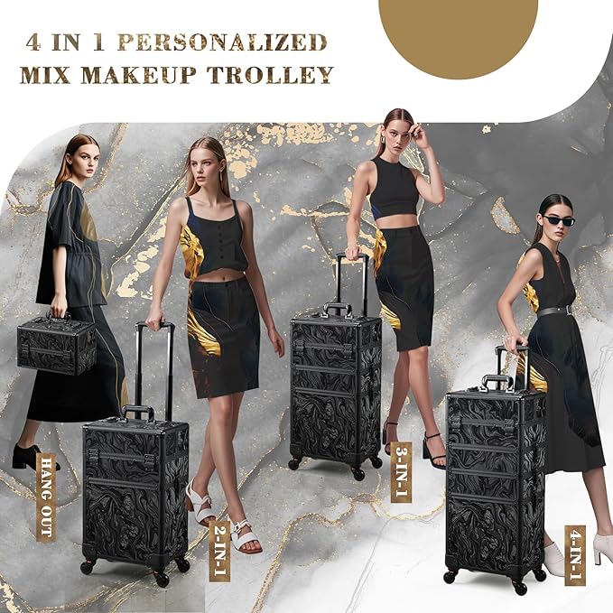 Stagiant Rolling Makeup Case Cosmetology Case on Wheels 4 in 1 Makeup Travel Case Extra Large Cosmetic Box with Key Make Up Artist Traveling Storage Nail Case Salon Barber Cart Trunk Alpine Black