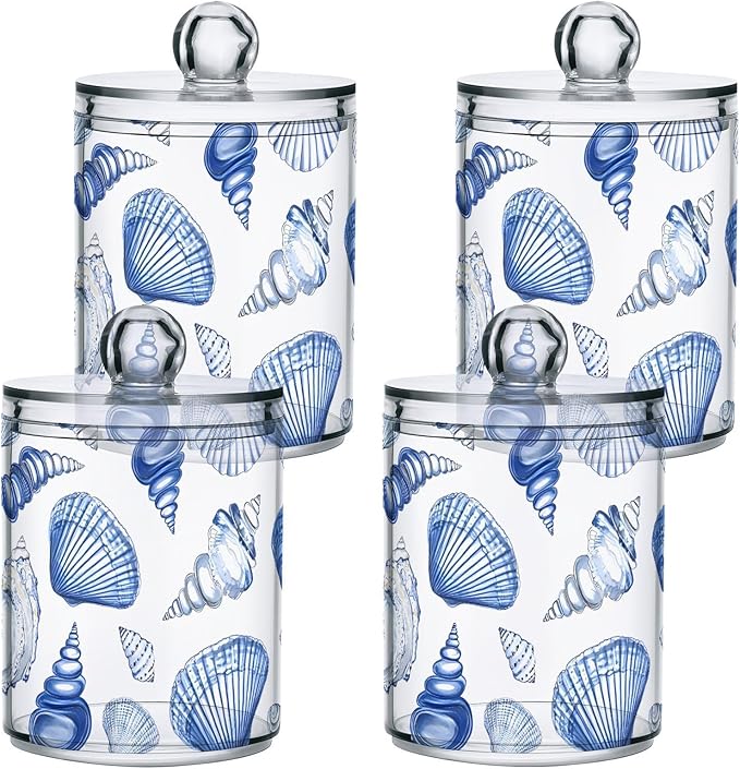 2 Pack Qtip Holder Dispenser for Cotton Ball Blue Seashells Ocean Nautical Coastal Cotton Swab Round Pads Clear Plastic Acrylic Jar Set Bathroom Canister