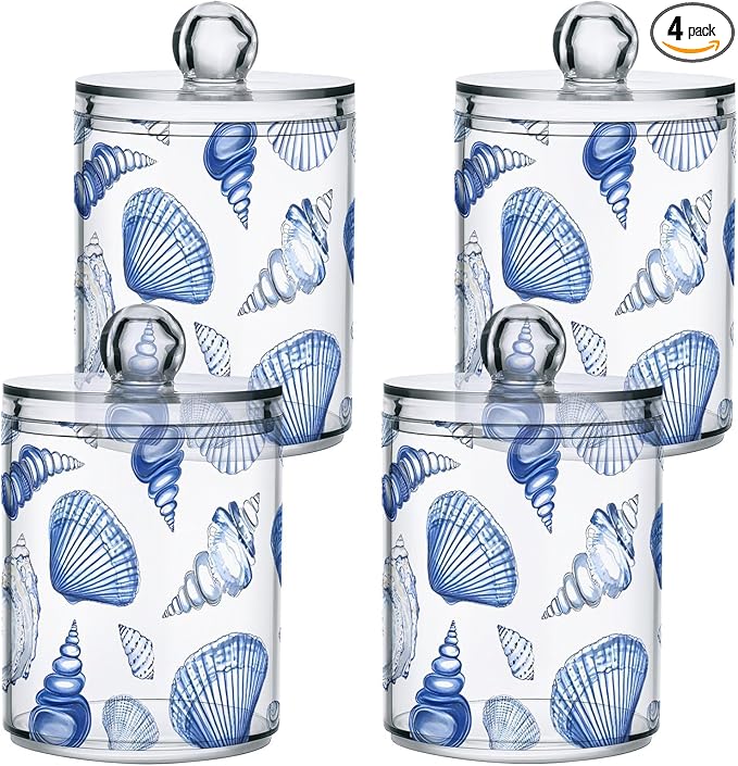 4 Pack Qtip Holder Dispenser Blue Seashells Ocean Nautical Coastal Cotton Ball Swab Round Pads Floss Clear Bathroom Storage Containers Plastic Apothecary Jars with Lids