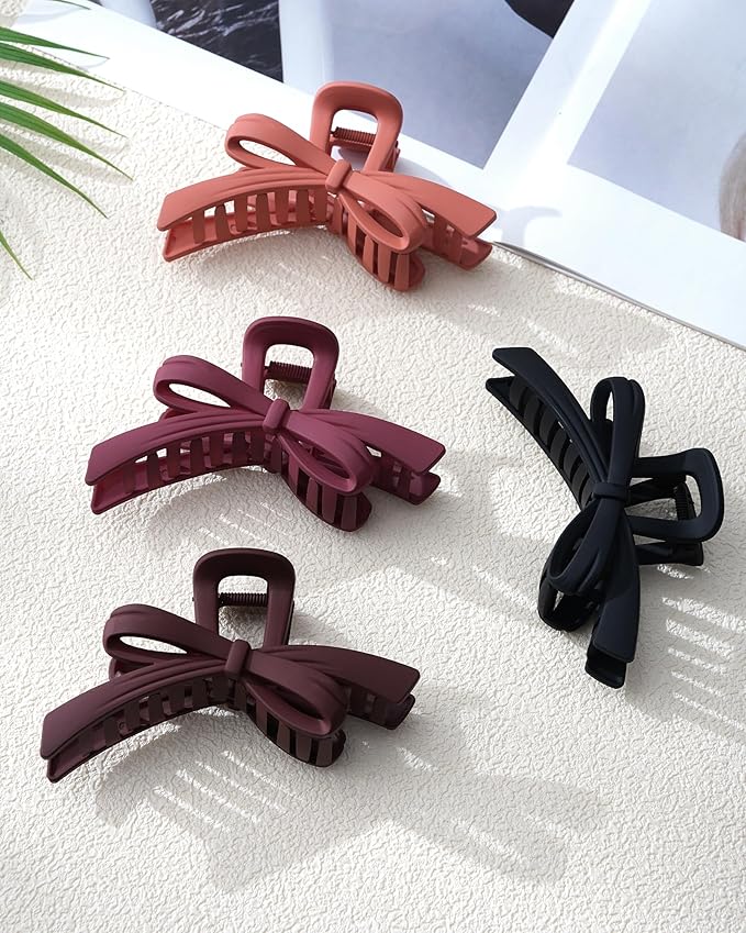 Mesovor 4 Pack Cute Bow Claw Clips, Nonslip 4.92" Large Matte Strong Hold Bows Hair Clips for Thin and Thick Hair | Chic Hairclips for Holidays or Everyday Hairstyle (Red Matte)