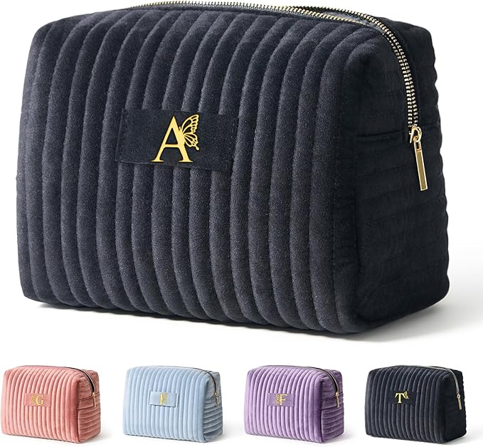 COSHAYSOO Personalized Best Friend Birthday Gifts for Women Unique Woman Happy Retirement Gift, Travel Makeup Bag Quilted Make Up Cosmetic Pouch Beauty Accessories Organizer Black Initial Letter A