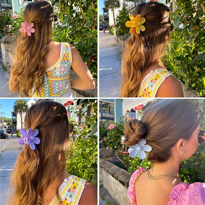 Flower Hair Clips 8PCS, Large Claw Clips for Women Girls Thick Thin Hair, Strong Hold Non slip Big Matte Dasiy Jaw Clamps Hair Accessories 8 Colors