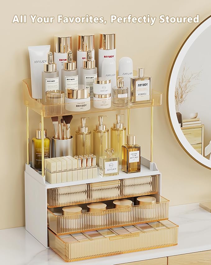Bathroom Organizers and Storage, Makeup Organizer (Sturdy Durable Attractive), Ideal for Vanity, Countertop, Counter, Perfume, Skincare, Cabinet, Cosmetic, Dresser Organizer (Gold)