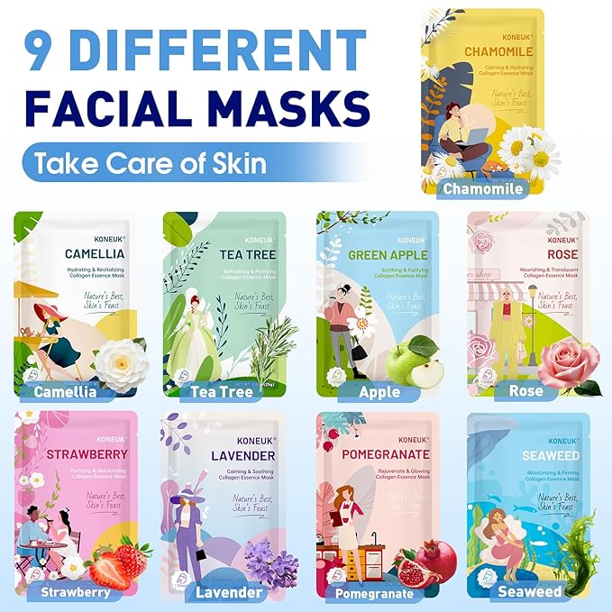54 Pack Bulk Sheet Face Masks Skincare, Hydrating and Moisturizing Face Mask for All Skin Types, Collagen Facial Masks for Skin Care, Easter Basket Stuffers, Mothers Day Gifts (9 Types x 6 Pcs)