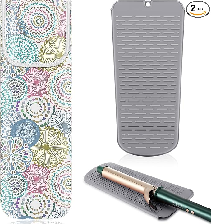 Shappy 2 Pcs Heat Resistant Hair Tools Bag Curling Iron Travel Case Cover Neoprene Flat Iron Holder Travel Case and Silicone Mat Pouch for Hot Hair Tools Storage Organizer(Line Flowers)