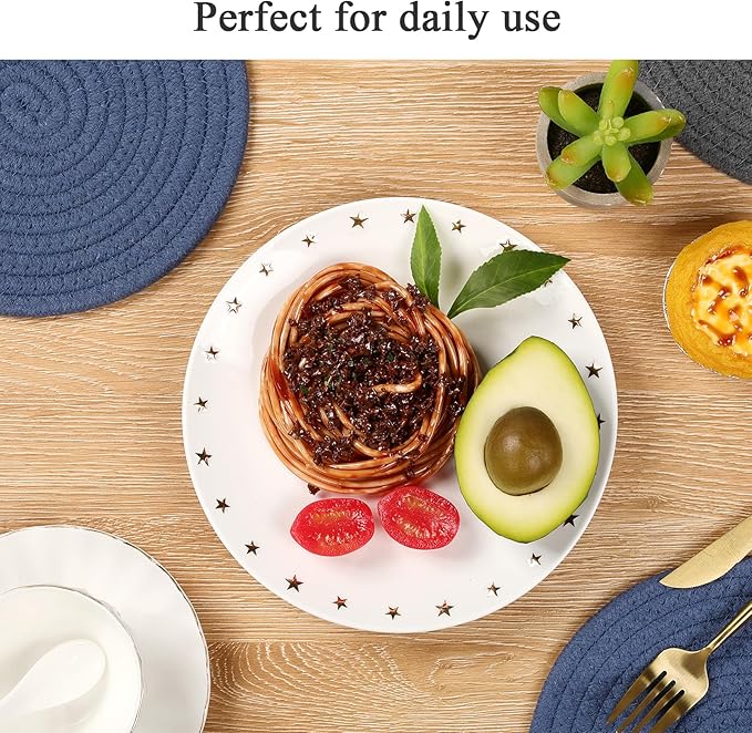 SHACOS 8 Inch Trivets for Hot Dishes, 4 Pcs Cotton Trivets Mats for Kitchen, Hot Pads for Countertops and Table, Heat-Resistant Pot Holders for Hot Pots and Pans(Blue+Dark Grey)