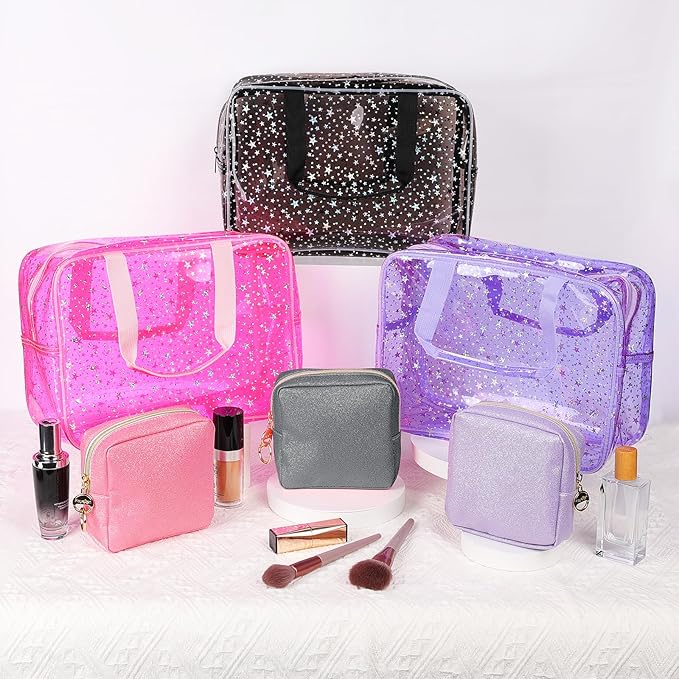 Clear Makeup Bags, Clear Travel Toiletry Bag with Extra Small Glitter Cosmetic Bag, Waterproof Essential Organizer Pouch for Sports Travel Beach (Stars-Black)