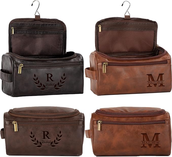 Flycalf Personalized Travel Toiletry Bag for Men Groomsmen Gift Leather Water Resistant Bathroom Shaving Bag Hanging Organizer