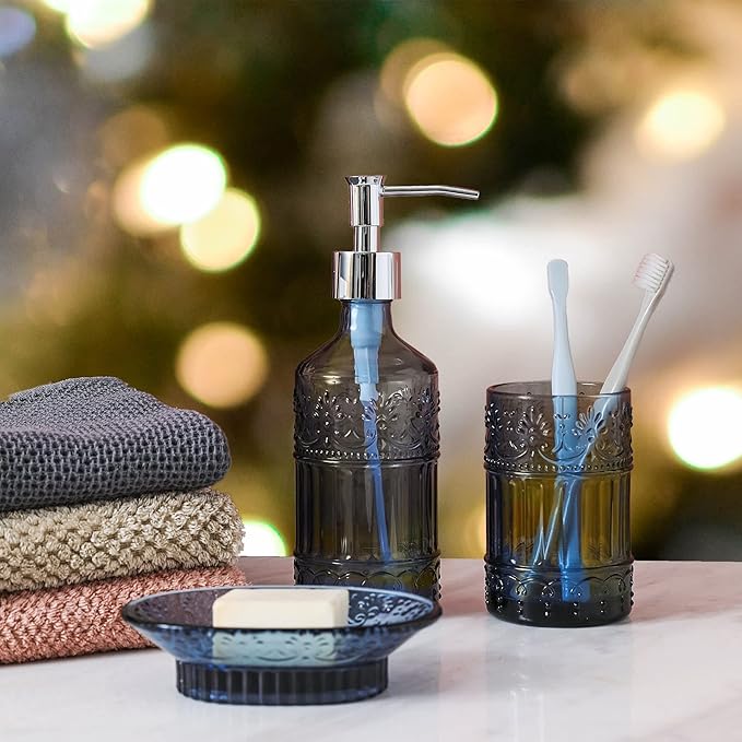 4-Piece Bathroom Accessories Set - Blue Glass Decor Set - WHOLE HOUSEWARES Soap Dispenser, Toothbrush Holder, Vanity Tray and Jar - Elegant Boho Bathroom Countertop Organizer
