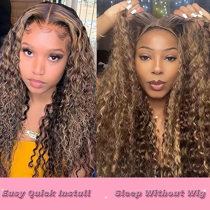 4/27 Human Hair Wigs Wear and Go Glueless Highlight Ombre Deep Wave Curly Wet and Wavy Lace Front Pre Plucked Pre Cut 5x5 HD Lace Closure Wigs for Black Women 32 Inch