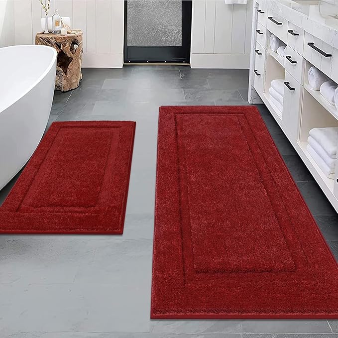 SHACOS Red Bathroom Rugs Sets 2 Piece 32x20 + 47x20 inch, Microfiber Non Slip Bath Mats for Bathroom Floor, Soft Fluffy Absorbent Bath Rugs Set of 2