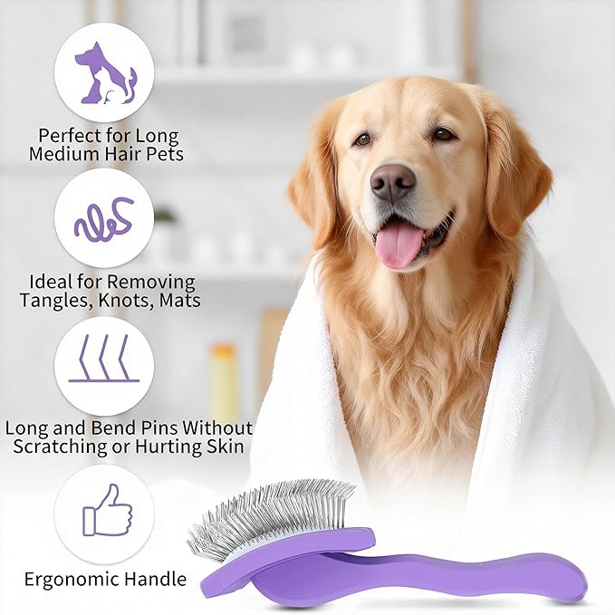 Slicker Brush for Dogs, Large Dog Brush to Long Haired Dogs for Poodles Doodles Goldendoodles Bernedoodles, Long Pin Grooming Kits to Dematting & Reducing Tangles and Fluff, Purple