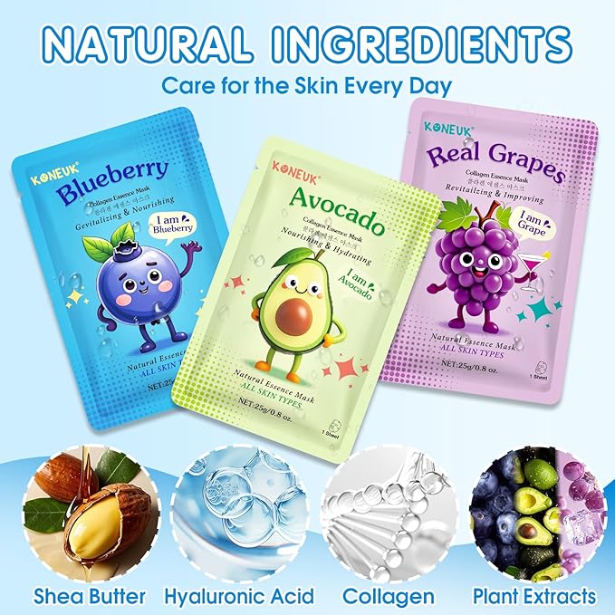 28 Pack Fruit Face Masks Skincare for Kids Girls, Sheet Collagen Face Mask for Women Skin Care, Bulk Hydrating Facial Mask for All Skin Types, Easter Basket Stuffers and Party Spa Gifts for Teens