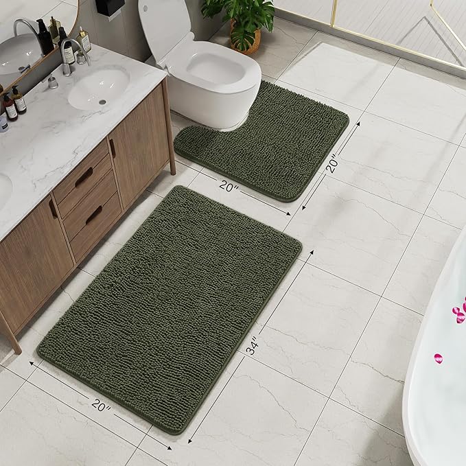 AROGAN Bathroom Rug Sets 2 Piece, 20"x20" U-Shaped Toilet Mat and 21"×34" Bath Mats Bathroom Floor Set, Washable Bath Rug, Absorbent Soft Non Slip Rug Set, Olive Green