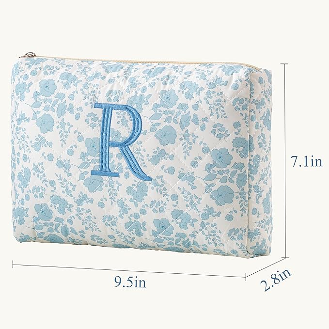 HBselect Initial Quilted Makeup Bag, Cotton Large Travel Makeup Bag, Cute Floral Coquette Make up Bag Cosmetic Bag Toiletry Bag for Women Girls R