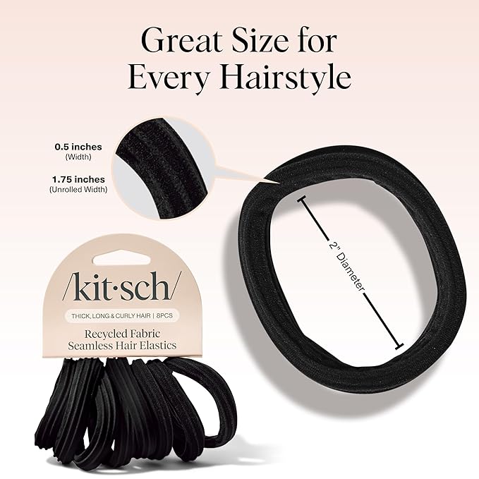 Kitsch Seamless Hair Ties No Damage - Stretchable Hair Bands for Strong All-Day Hold, Ponytail Holders | Hair Accessories for Girls | Ideal Gifts for Women - Black 8 Pcs