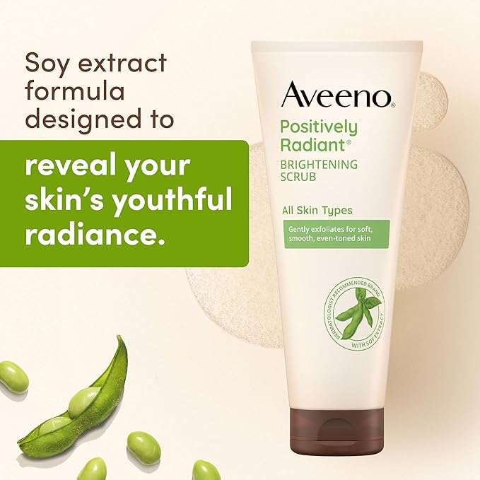 Aveeno Positively Radiant Skin Brightening Exfoliating Daily Facial Scrub, Moisture-Rich Soy Extract, helps improve skin tone & texture, Oil-& Soap-Free, Hypoallergenic, Travel Size, 2 oz (Pack of 6)
