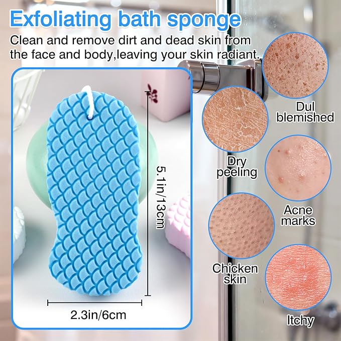 4-Pack Exfoliating Bath Sponges – Super Soft Shower Sponge Set for Adults & Kids, Gentle Dead Skin Remover, Assorted Colors (Pink, Blue, White, Gray)