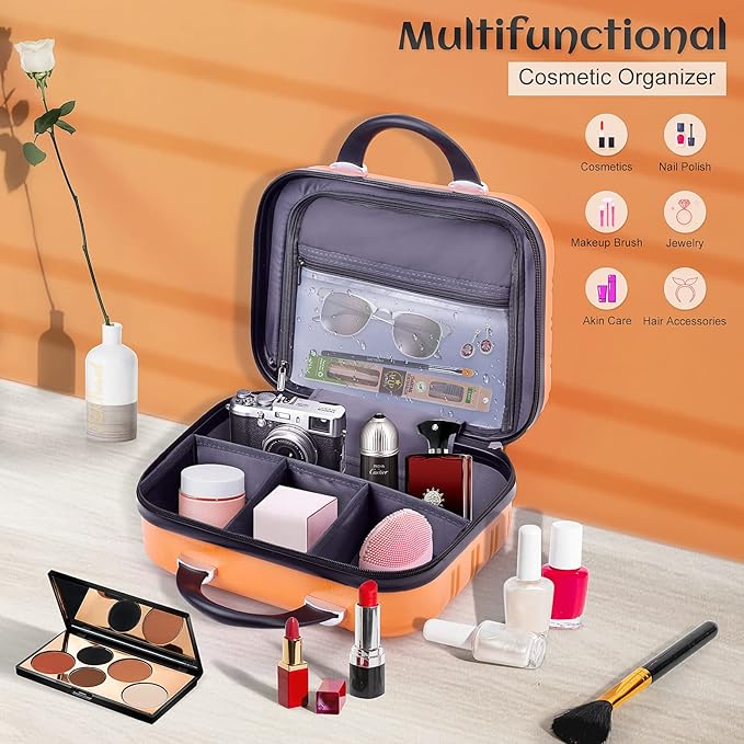 14inch Makeup Train Case PC ABS Cosmetic Case Hardshell Makeup Bag Organizer Toiletry Gifts for Her Travel Outside Activity (orange)